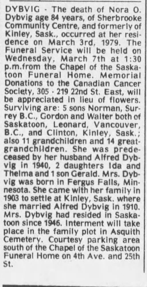 Obituary: Nora O. DYBVIG (Aged 84)