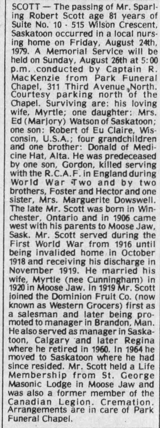 Obituary: Sparling Robert SCOTT (Aged 81)