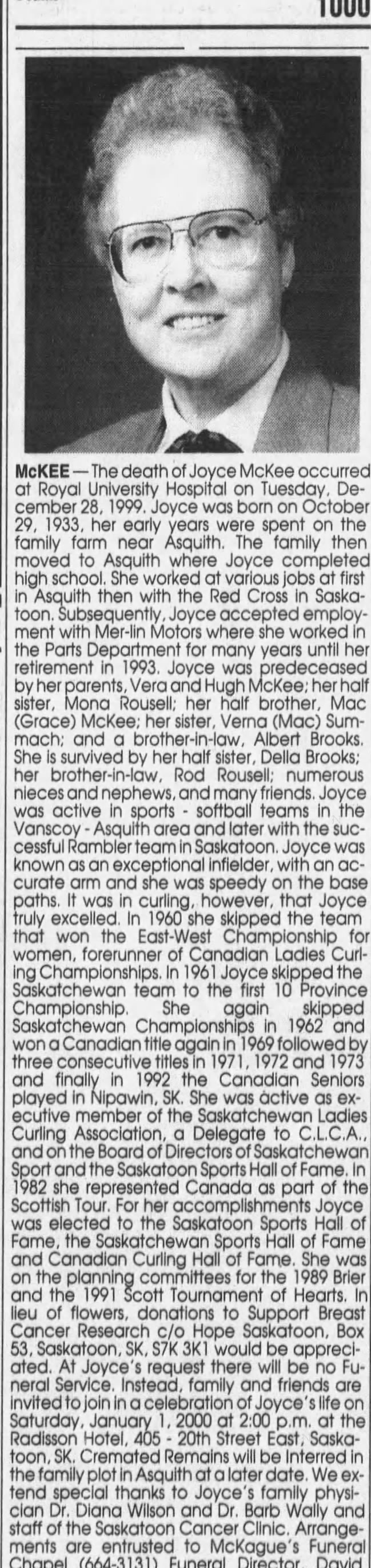 Obituary: Joyce McKEE, 1933-1999