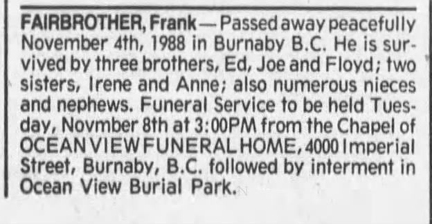 Obituary: Frank FAIRBROTHER