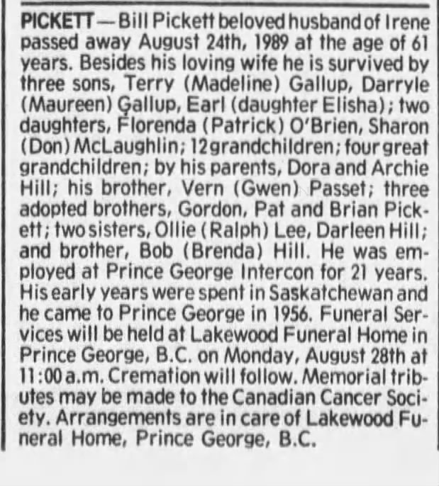 Obituary: Bill PICKETT (Aged 61)