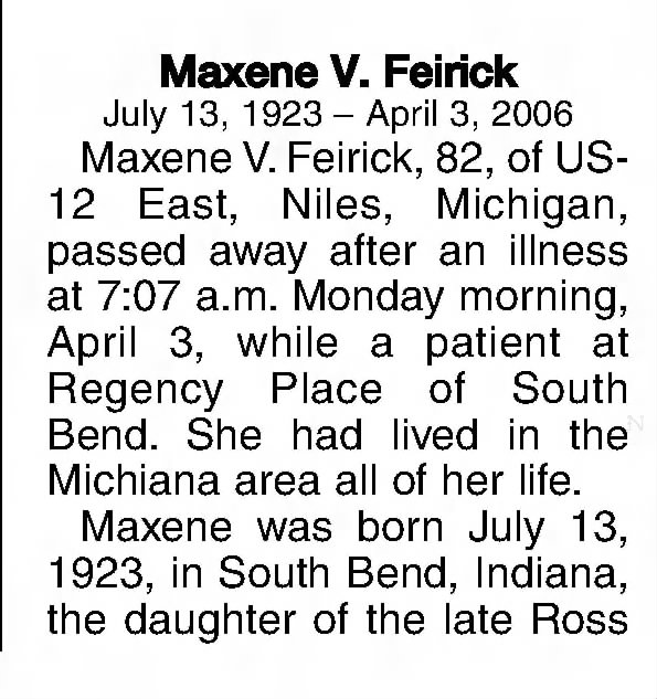 Obituary: Maxene V. Feirick nee Renwick, 1923-2006 (Aged 82) part 1