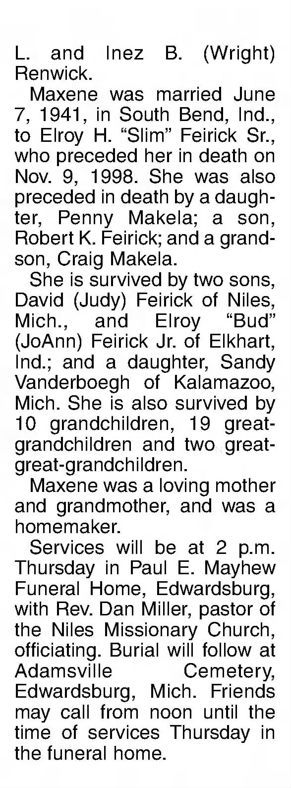 Obituary: Maxene V. Feirick nee Renwick, 1923-2006 (Aged 82) part 2