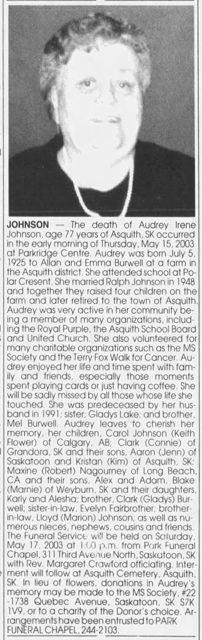 Obituary: Audrey Irene Johnson née Burwell