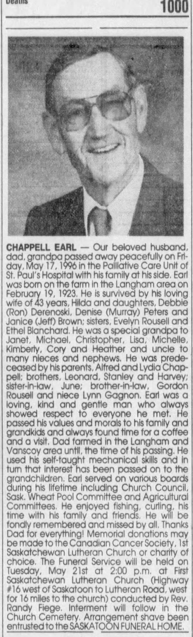 Obituary: EARL CHAPPELL, 1923-1996