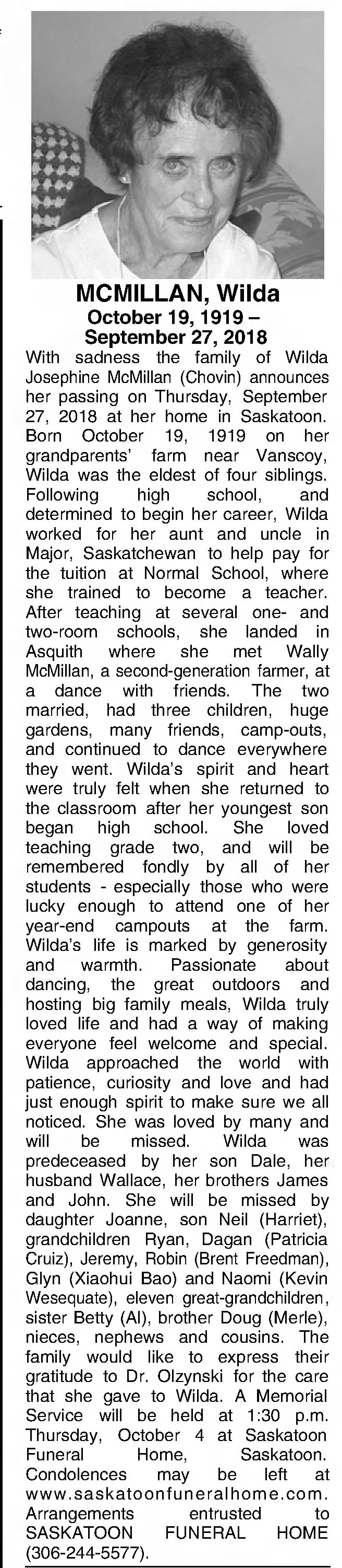 Obituary: Wilda Josephine McMillan née Chovin