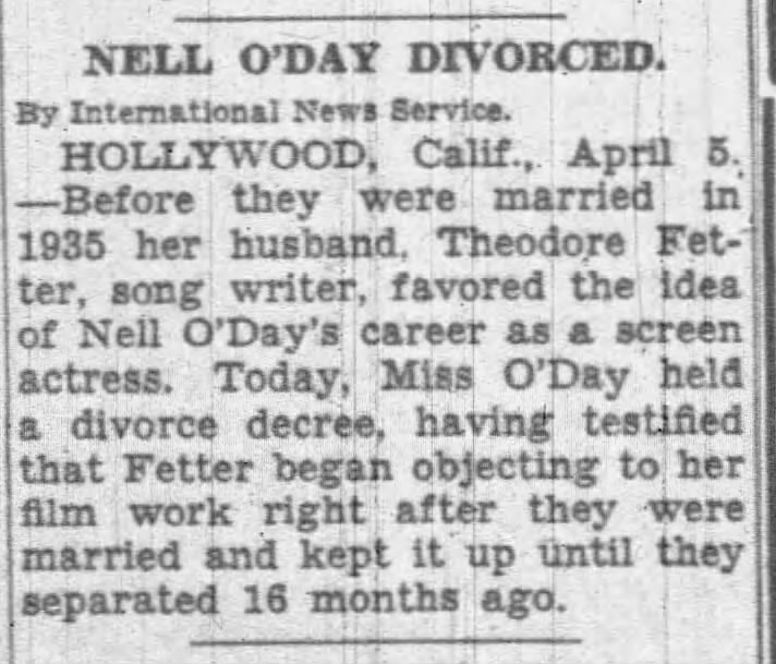 Divorce granted to actress Nell O'Day from Theodore Fetter.