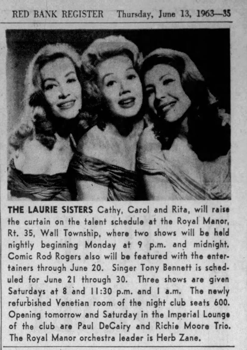 The Laurie Sisters to perform at the Royal Manor, Red Bank, New Jersey June 13th 1963