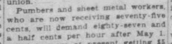 Sheet metal workers demand a raise to 87 cents per hour - 1919