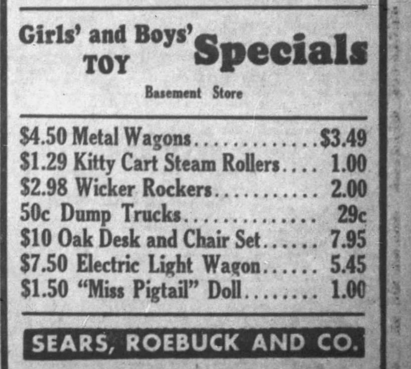 "Miss Pigtail" doll featured in Sears Wish Book in 1933