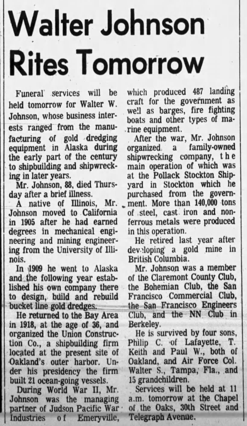 obituary Walter Johnson -- organized Union Shipbuilding Co.