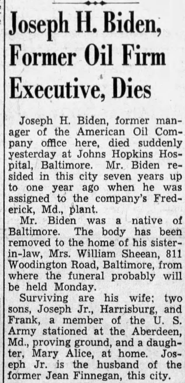 Obituary for Joseph H. Biden