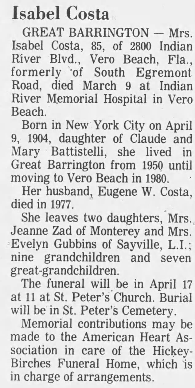 Obituary for Isabel Costa - Newspapers.com