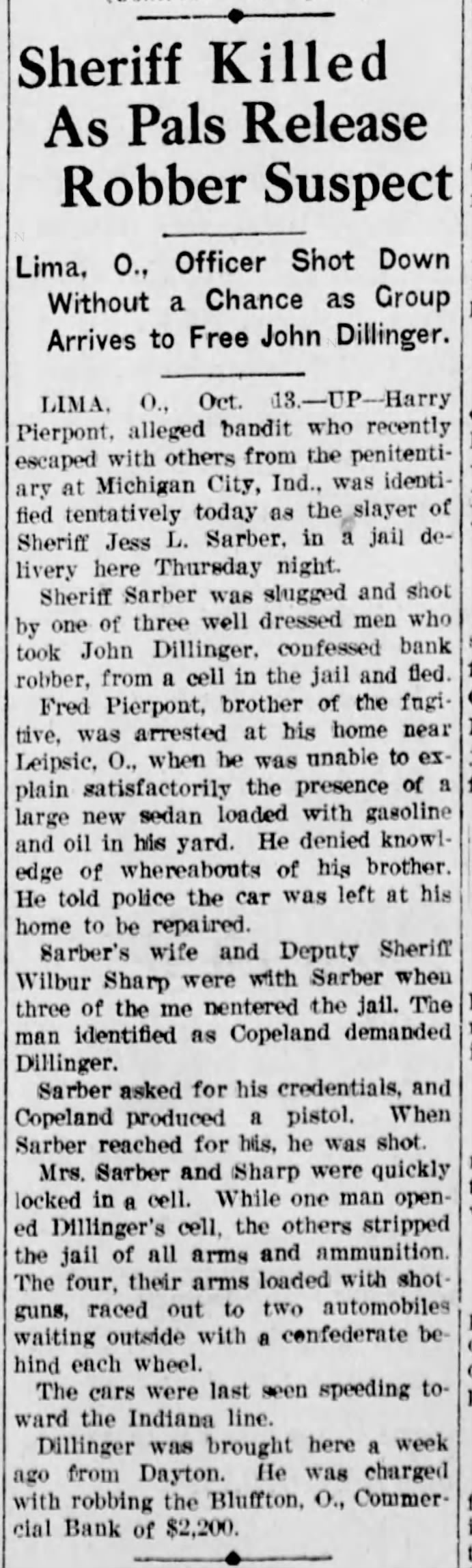 Dillinger escapes from Lima, Ohio, jail