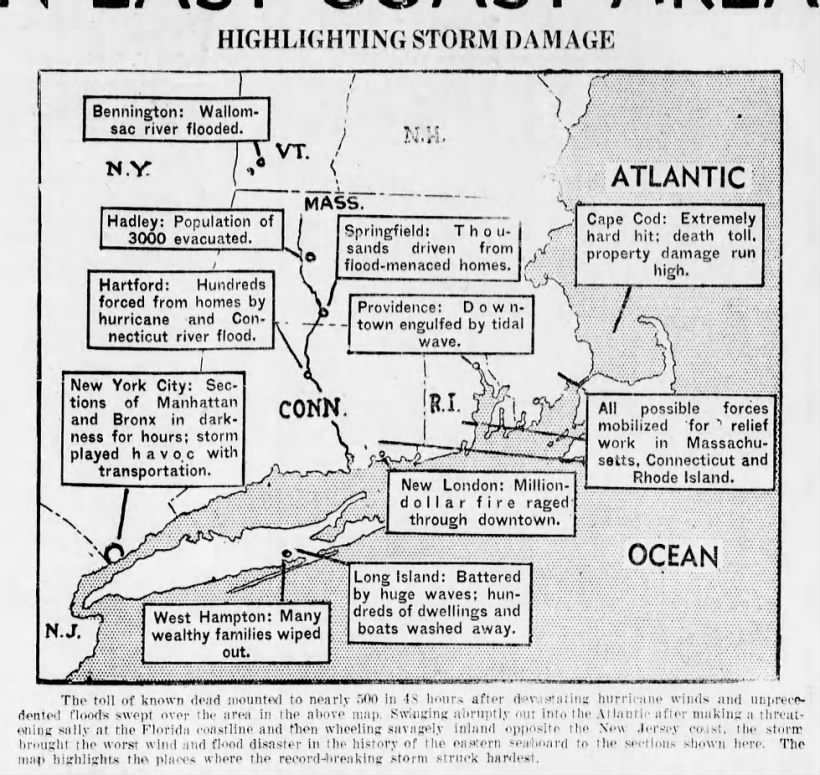 Map highlighting damage from 1938 hurricane