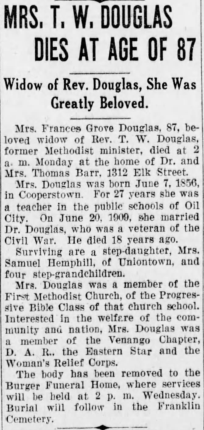 Obituary: Mrs. T. W. Douglas nee Frances Grove