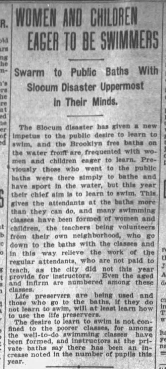 General Slocum disaster leads to increase in demand for swimming lessons in Brooklyn