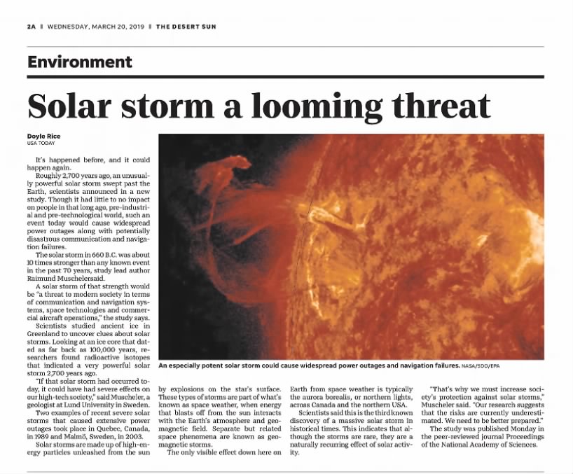 Large solar storms a threat to modern society
