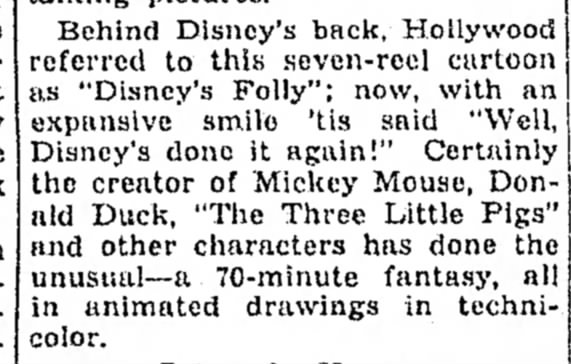 "Snow White" originally referred to as "Disney's Folly"