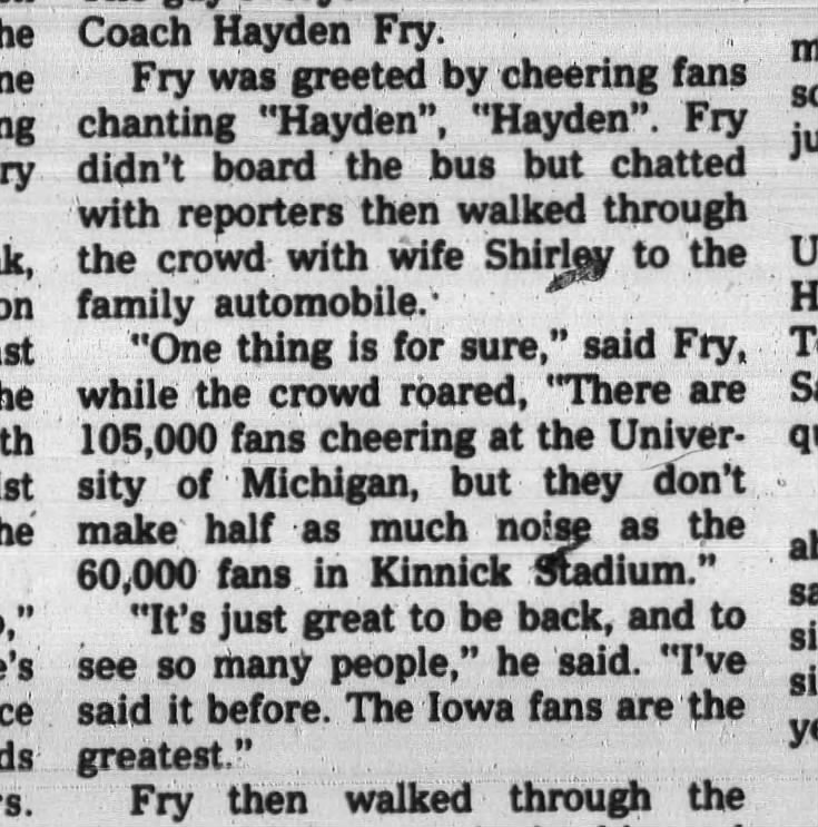 Hayden after fans greeted the Hawks at the airport, getting back from the 1981 Michigan game.