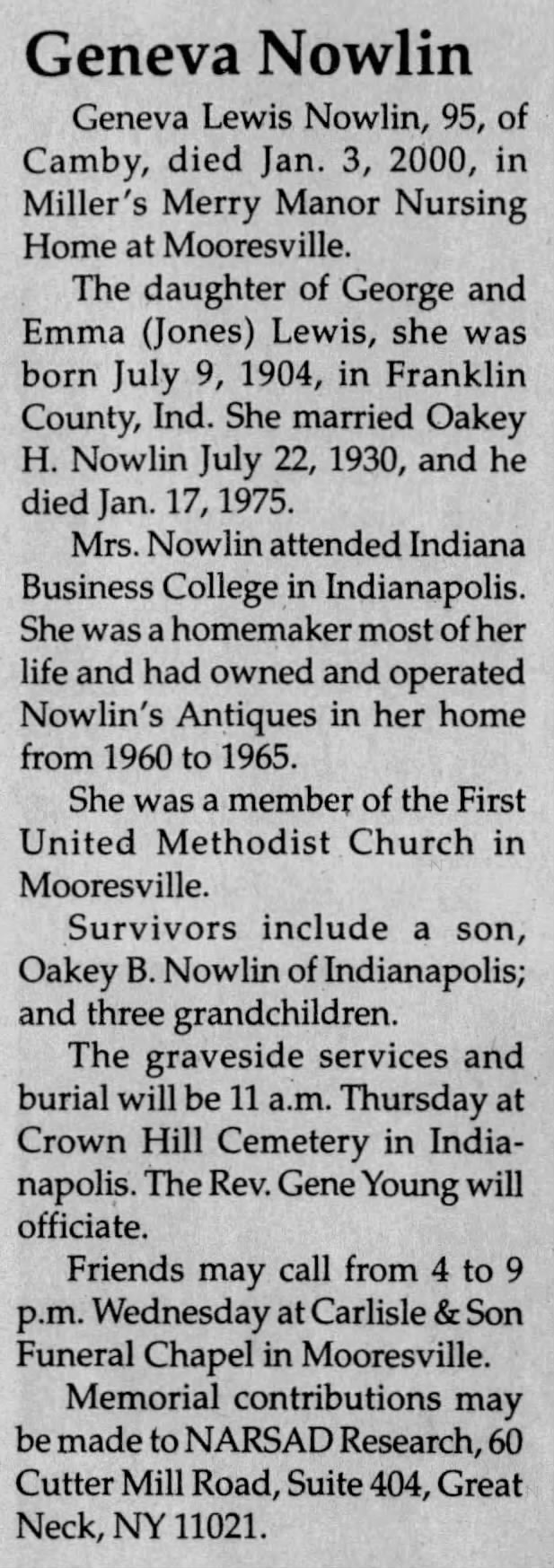 Obituary: Geneva Nowlin nee Lewis , 1904-2000 (Aged 95)