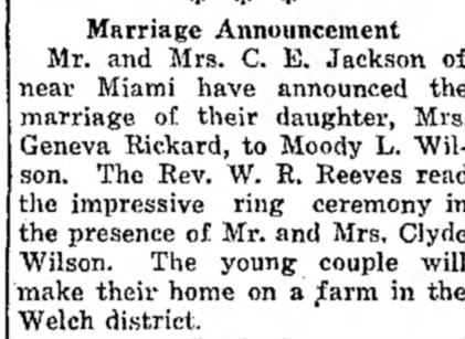 Marriage: Wilson - Rickard nee Jackson
