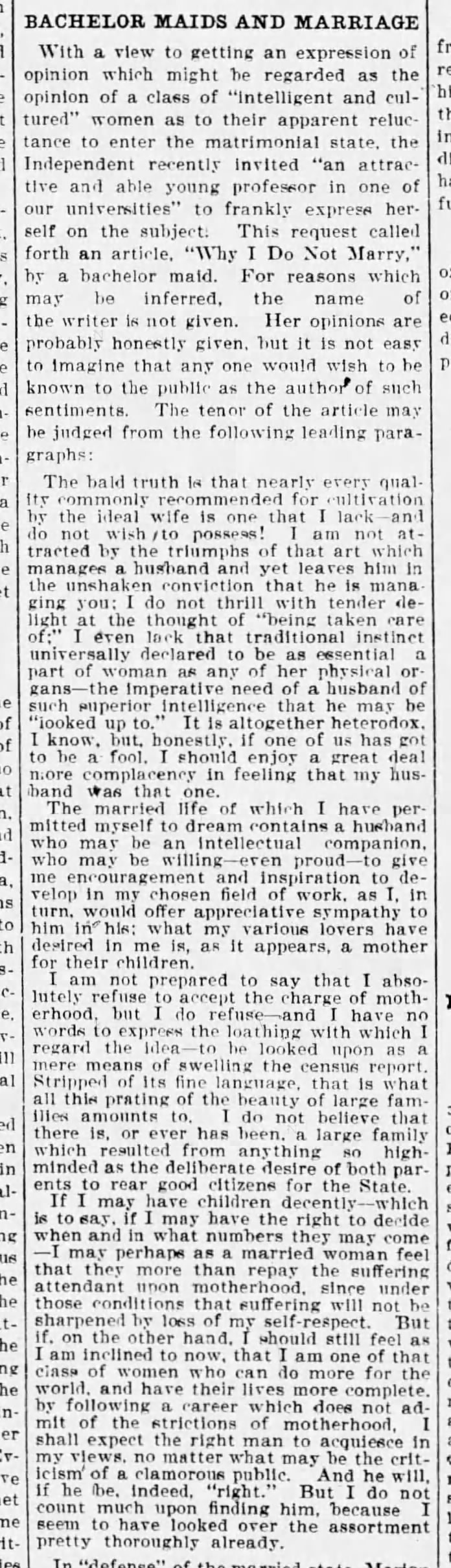 Bachelor girl's "Why I do not marry" 1904