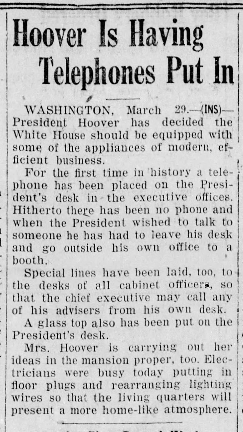 President Herbert Hoover puts a telephone in the Oval Office, 1929