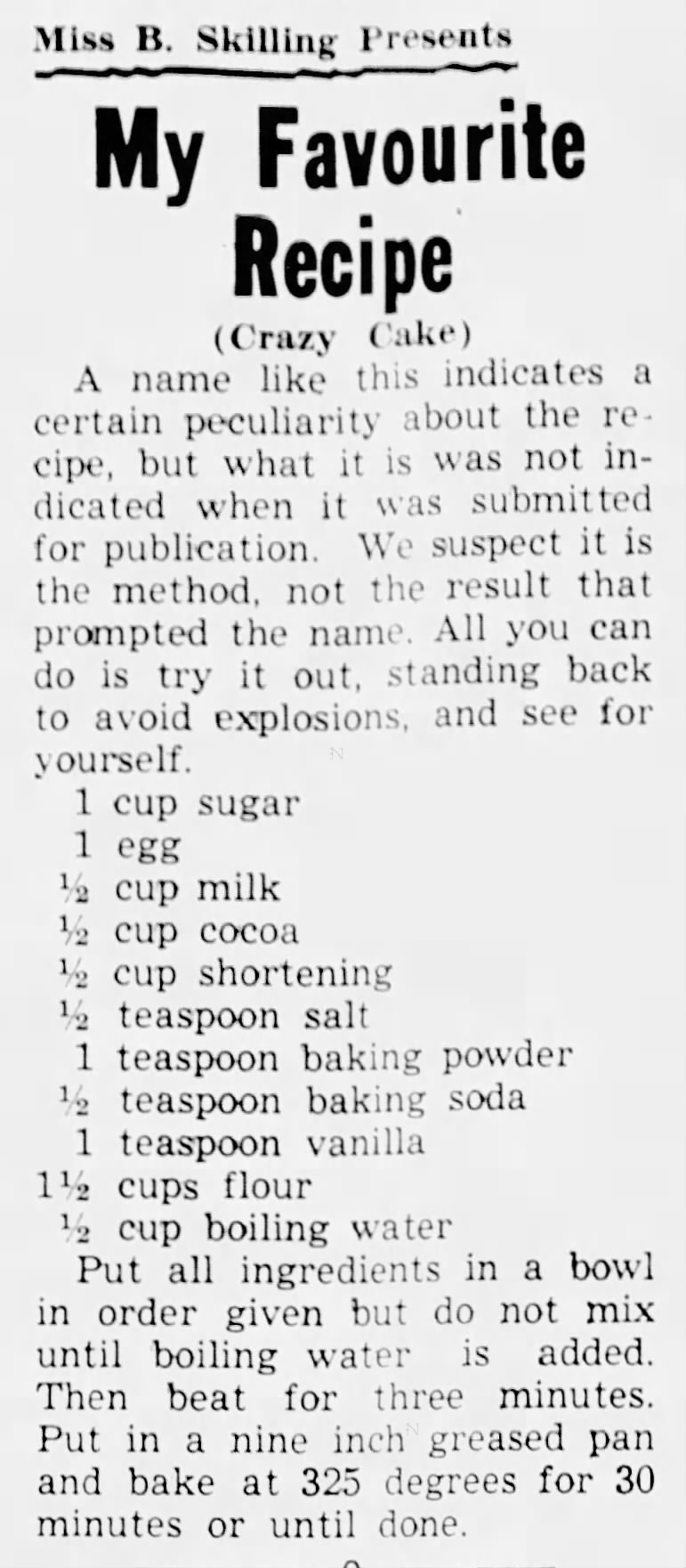Recipe: Crazy Cake (1955)