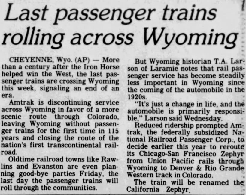 Last passenger trains rolling across Wyoming