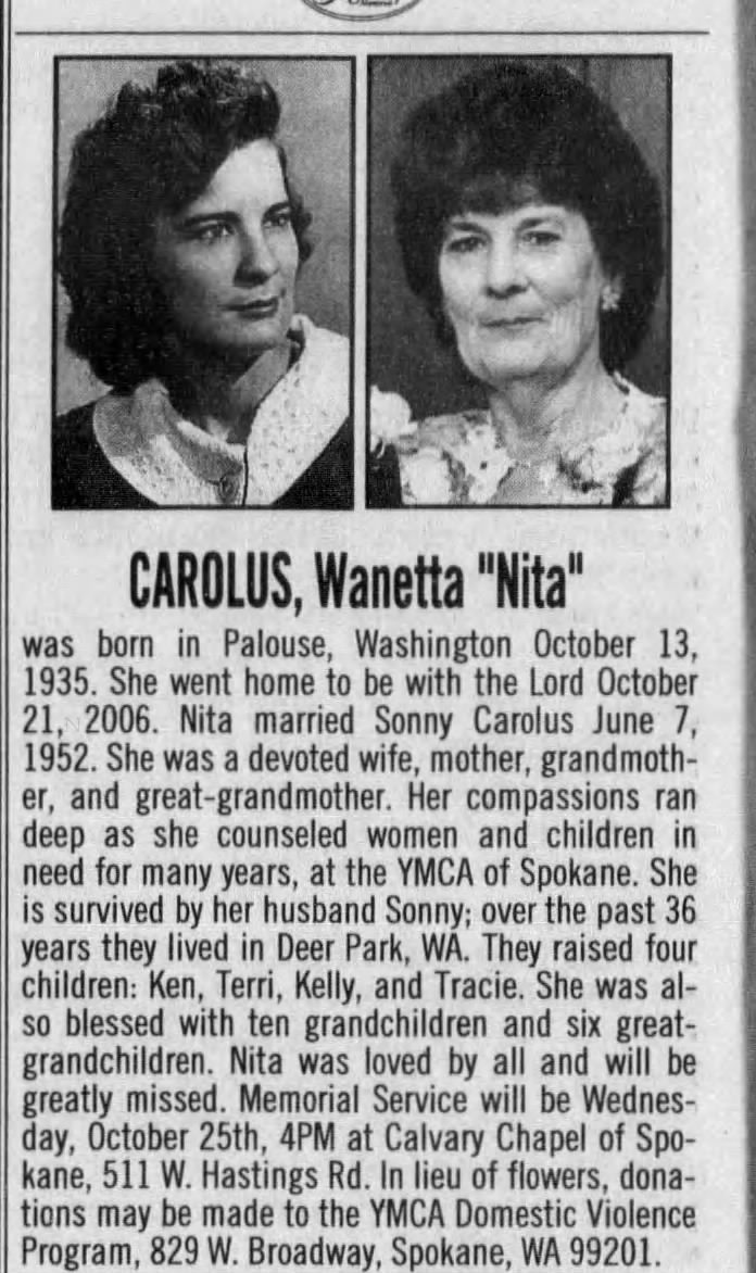 Obituary for Wanetta CAROLUS, 1935-2006