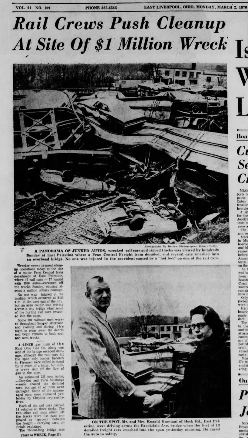1970 train derailment destroys bridge in East Palestine.