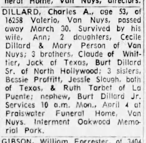 Funeral notice for actor Charles 'Art' Dillard.