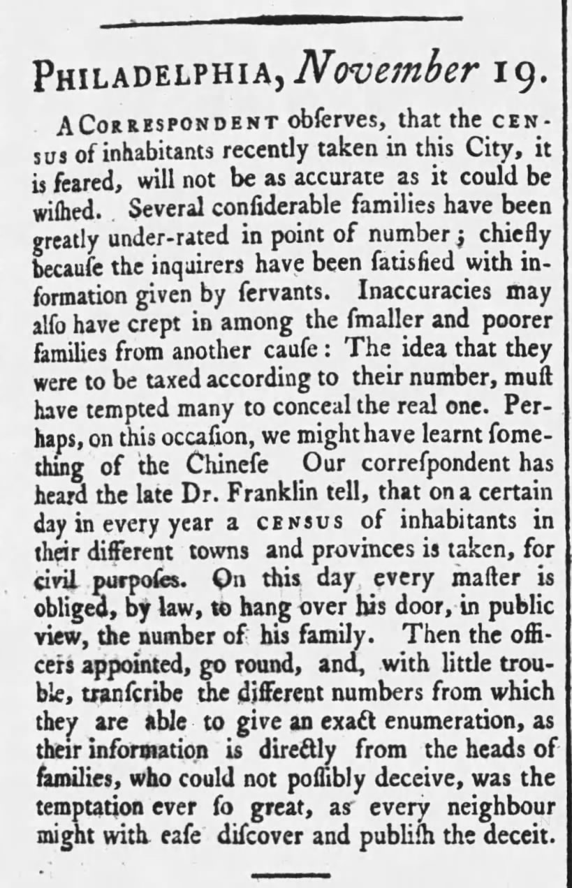 Some residents of Philadelphia fear 1790 census enumeration not accurate