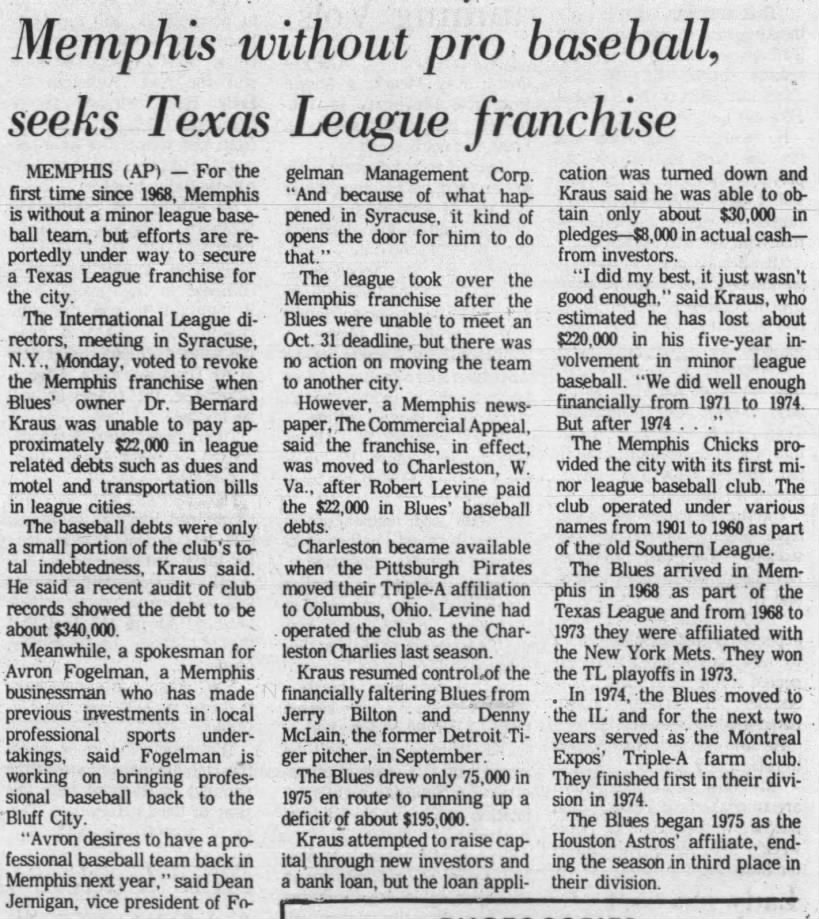 Memphis Without Pro Baseball, Seeks Texas League Franchise