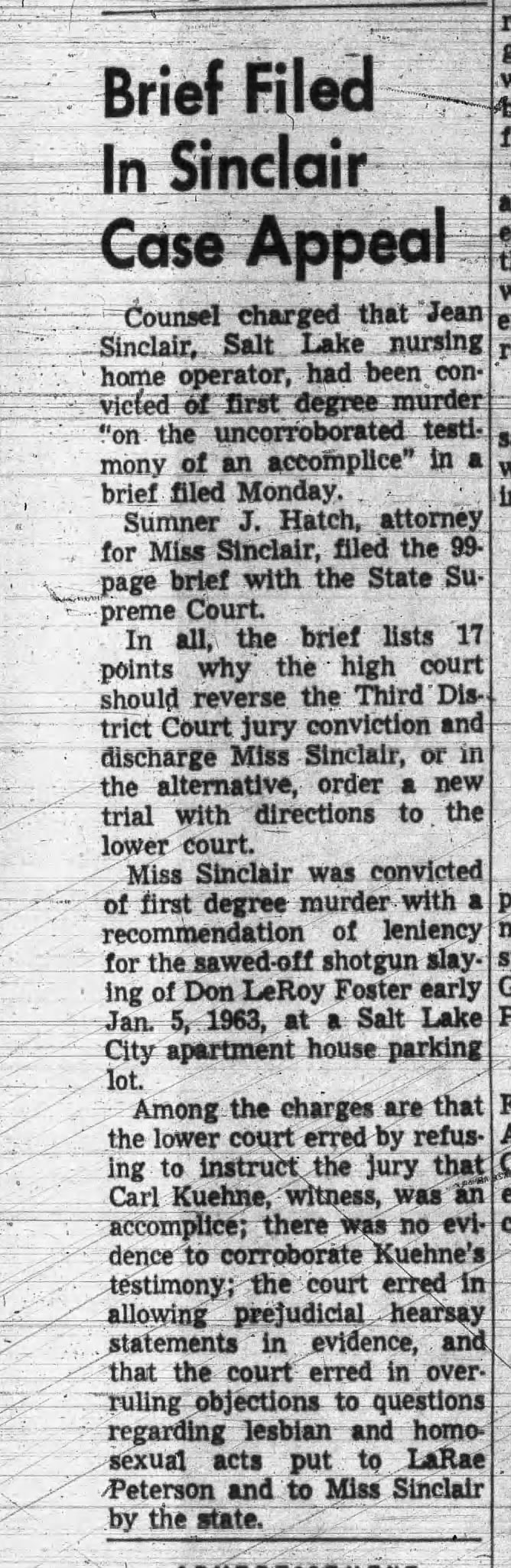Held og lykke halstørklæde hardware Appeal brief for Jean Sinclair murder conviction filed Deseret News Oct 1st  1963 P. 24 - Newspapers.com