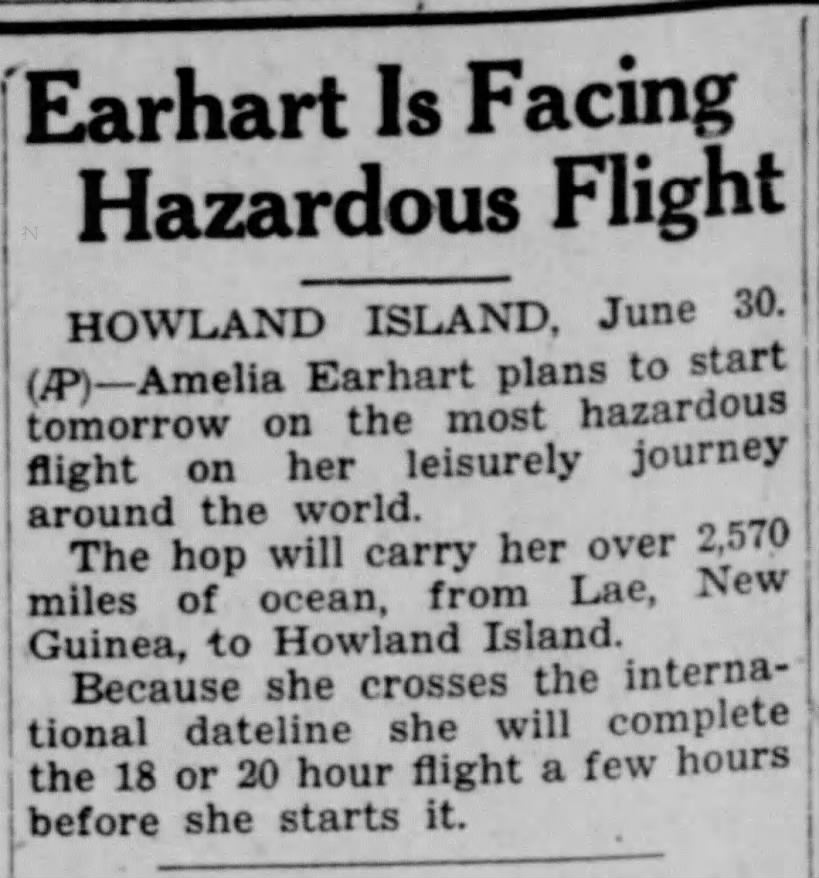 Leg to Howland Island is most dangerous part of Amelia Earhart's flight