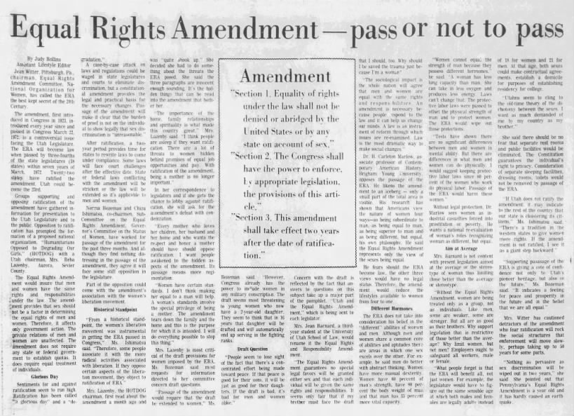1973 article considering arguments for and against passing the Equal Rights Amendment in Utah