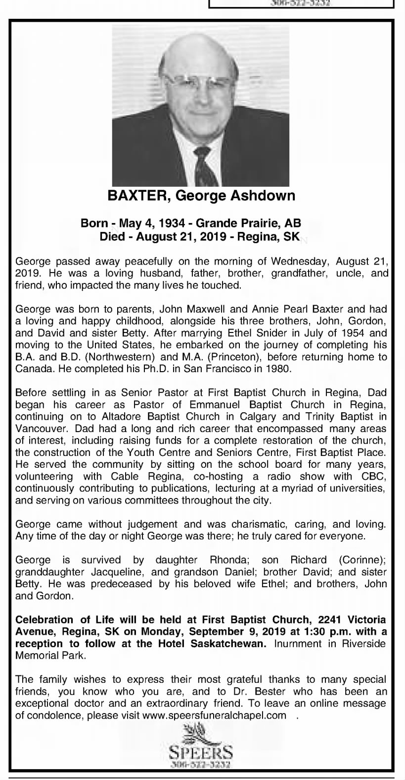 Obituary: George Ashdown BAXTER, 1934-2019