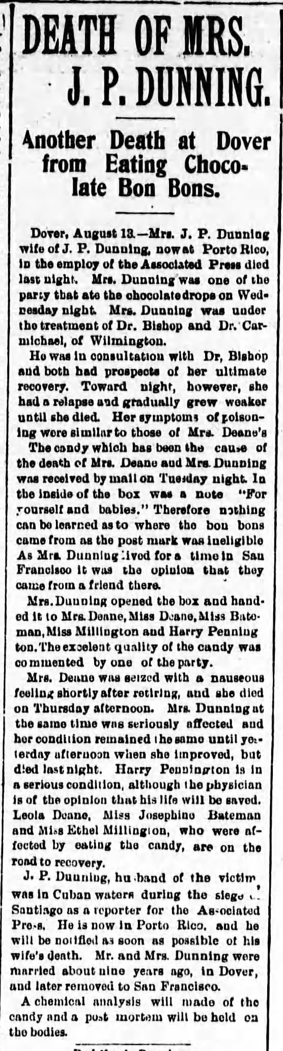"Death of Mrs. J. P. Dunning" "Another Death at Dover from Eating Chocolate Bon Bons"