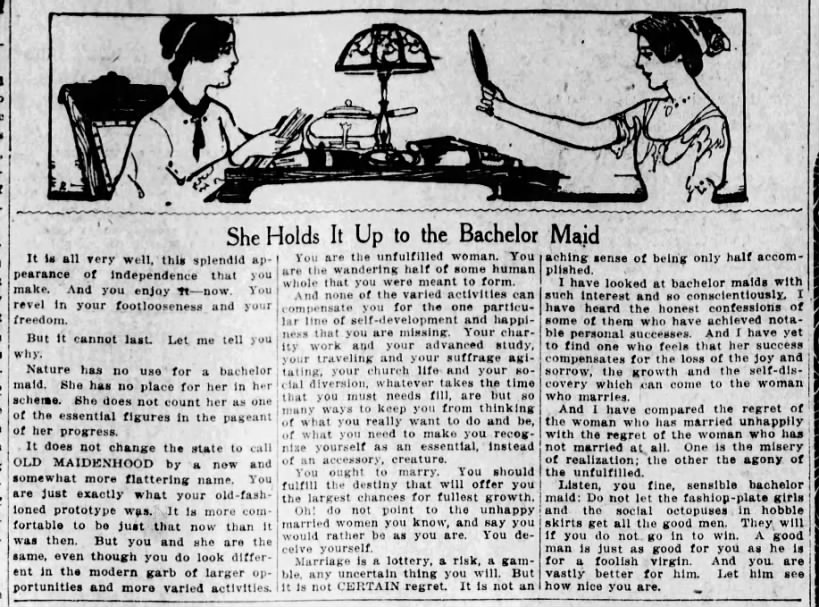 Column with negative view of bachelor girls, 1911