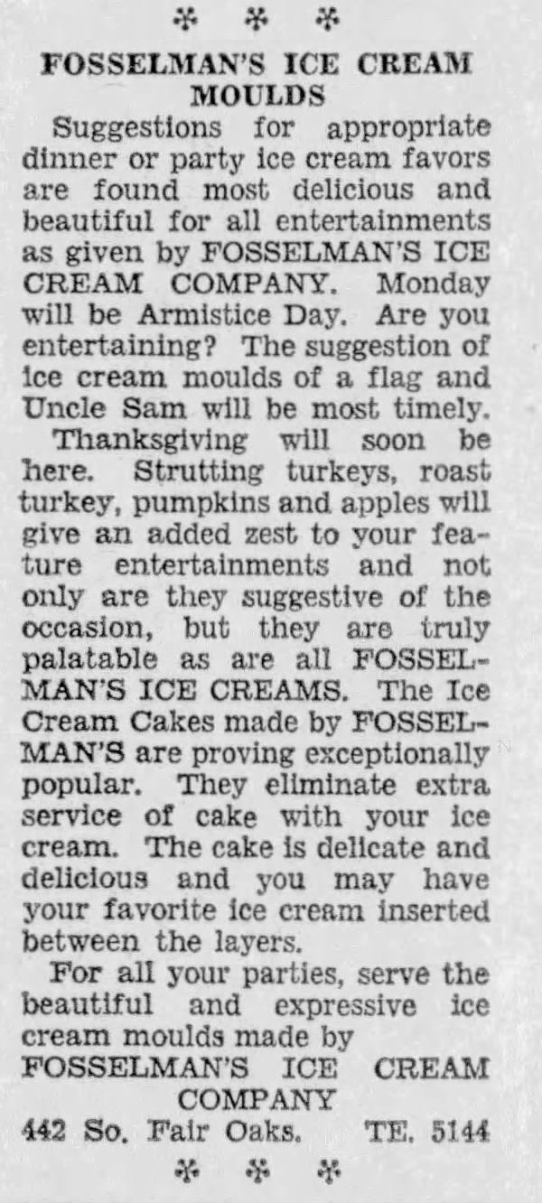 Fossleman's Ice Cream Moulds ("The Pasadena Post," 1929)