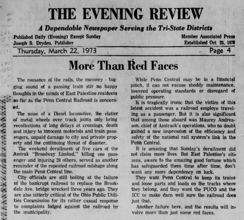 1973 editorial describing local anger at "repeated railroad mishaps."