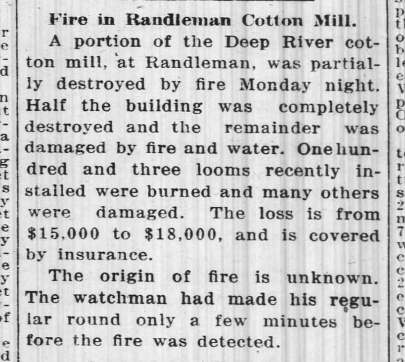 Fire in Randleman Cotton Mill, 1914