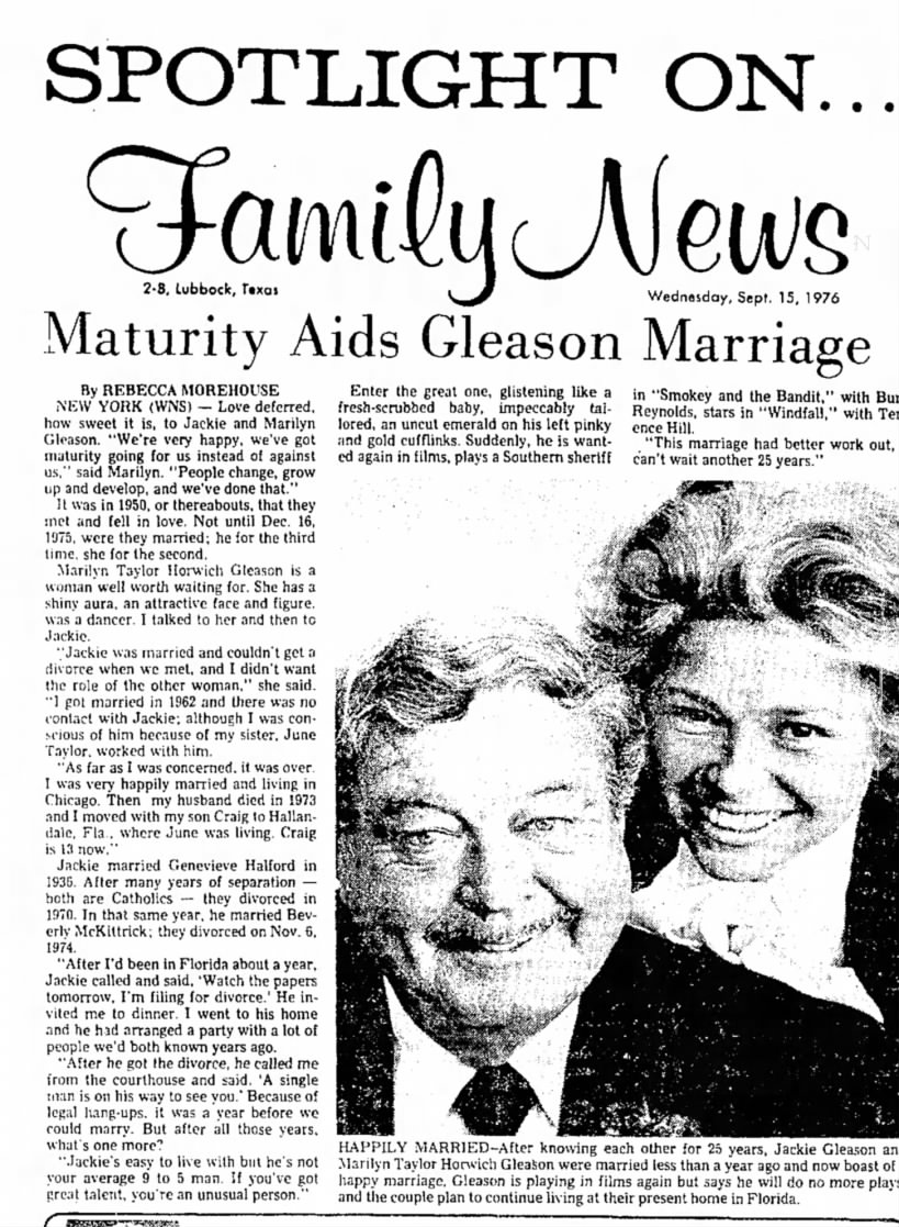 Jackie Gleason and Marilyn Taylor Horwich Gleason tell about their lives and marriage.