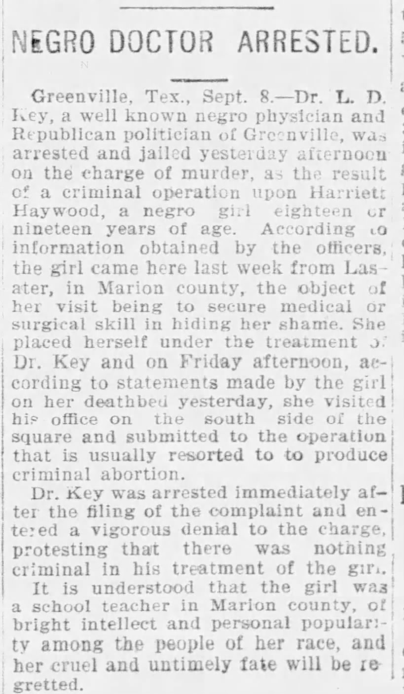Black doctor arrested for abortions, 1900