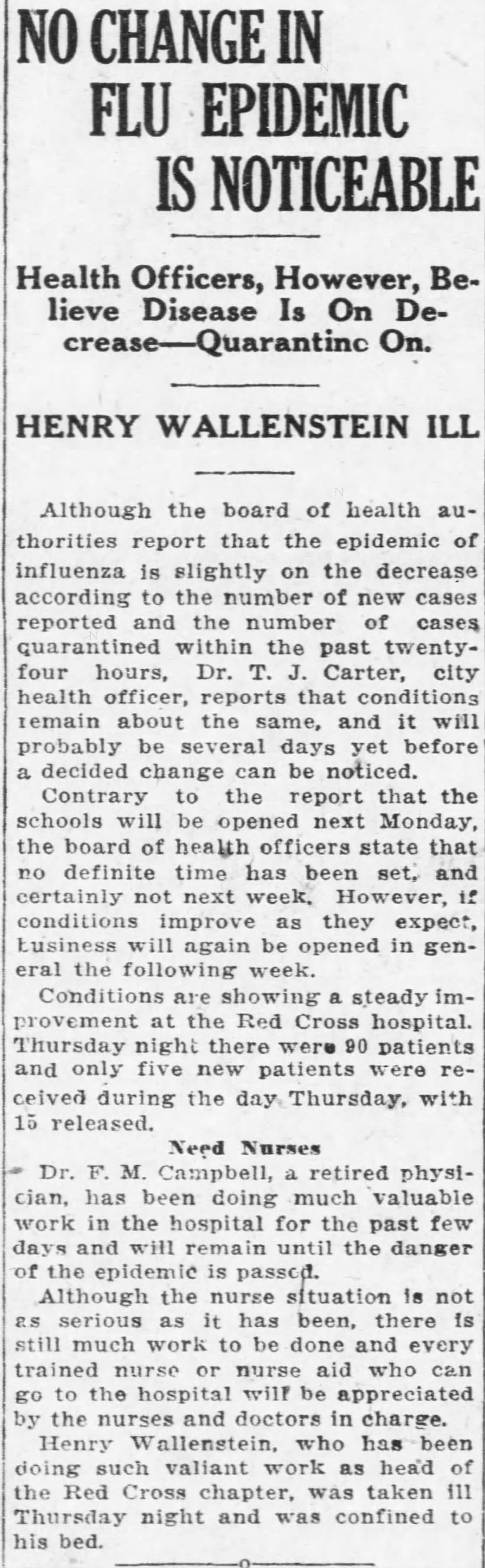 Kansas newspaper says "no change in flu epidemic is noticeable" in October 1918; Nurses are needed