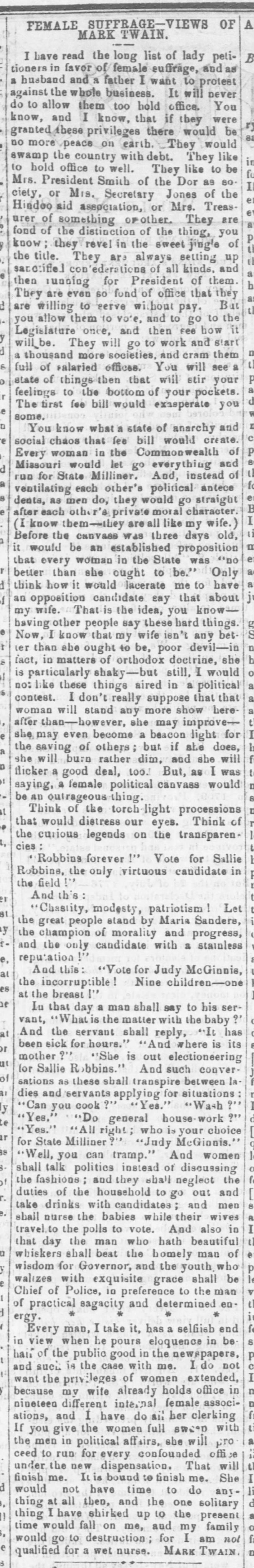 Mark Twain satire against woman's suffrage (1867)