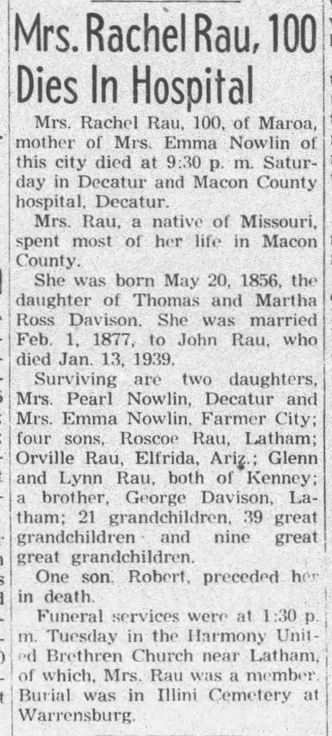 Obituary: Rachel Rau nee Davison