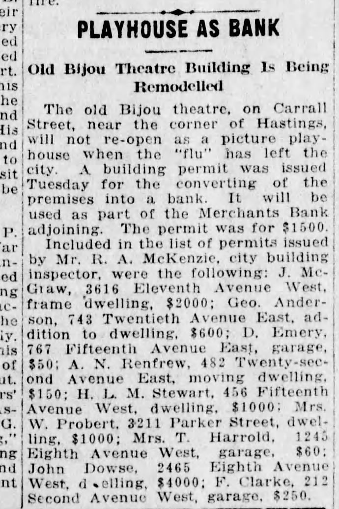 Bijou theater to become a bank - didn't survive the spanish flu
